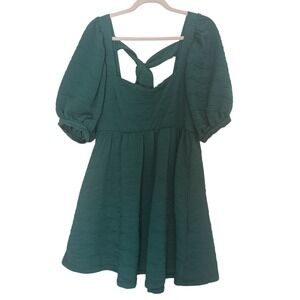 Free People Mini Dress Womens Large Green Textured Tie Back Puff Sleeve Pockets